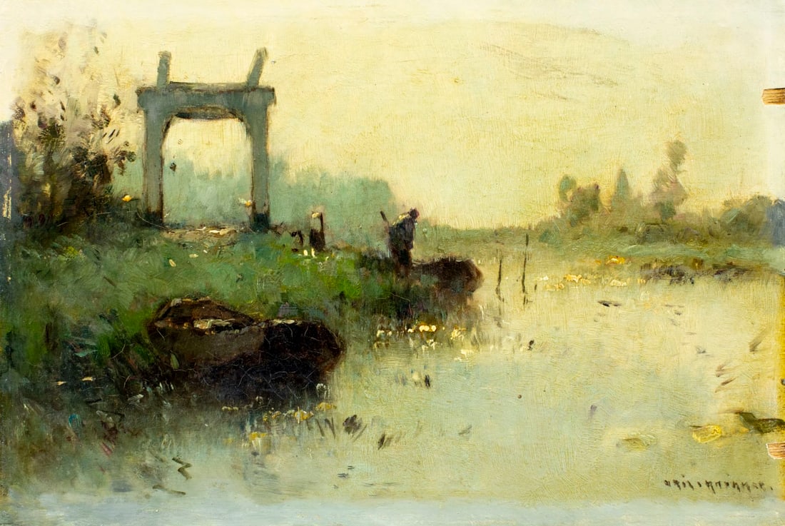 Aris Knikker (Dutch,1887-1962) oil painting: ARTIST: Aris Knikker (Netherlands, 1887 - 1962) TITLE: River Landscape MEDIUM: oil on board CONDITION: Some damages to the right edge. Few minor paint losses. Some craquel