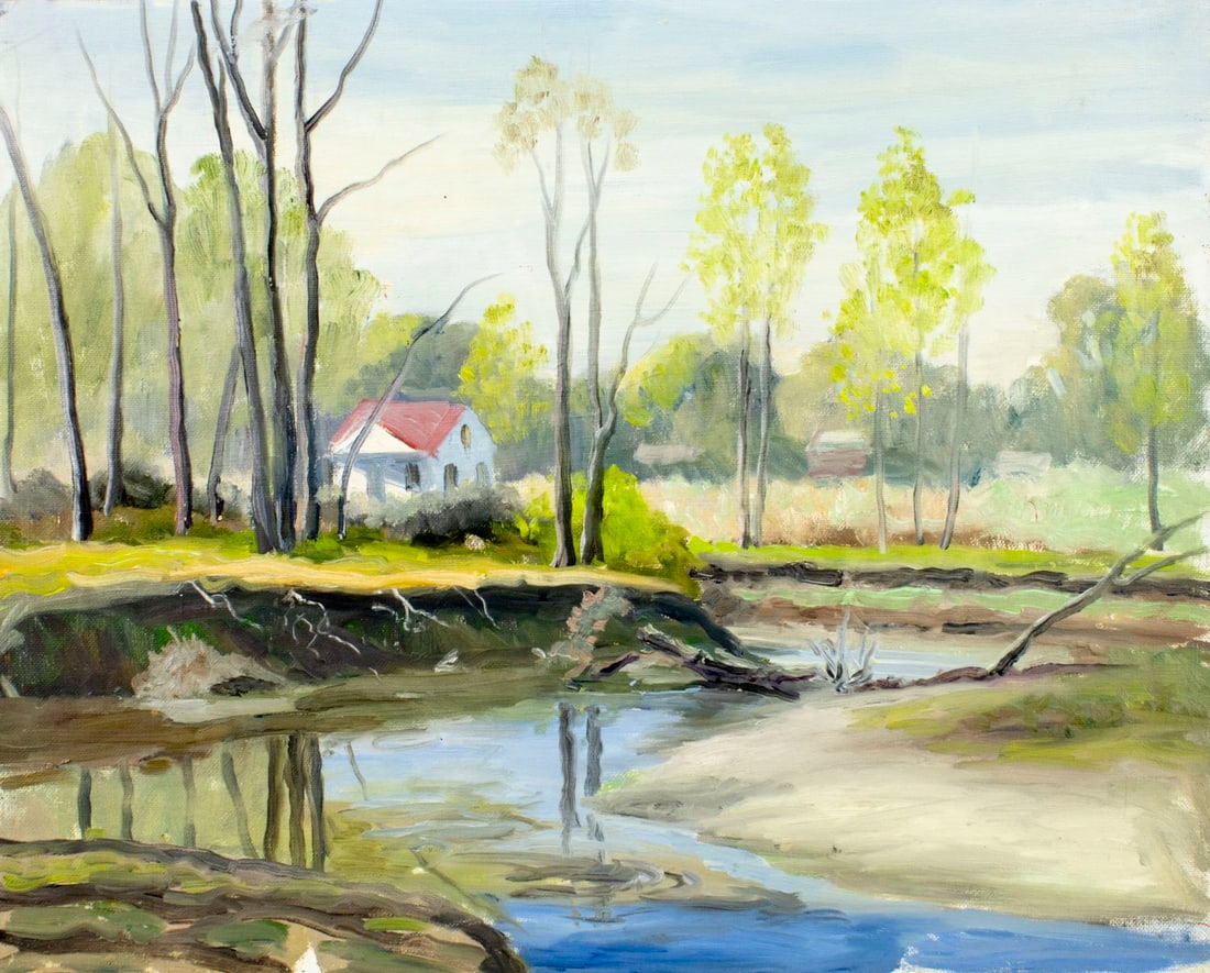 George Holloway (NJ,20C) oil painting: ARTIST: George Holloway (New Jersey, 20 century) TITLE: Countryside Stream Landscape MEDIUM: oil on canvas board CONDITION: Overall good. No visible inpaint under UV light.<