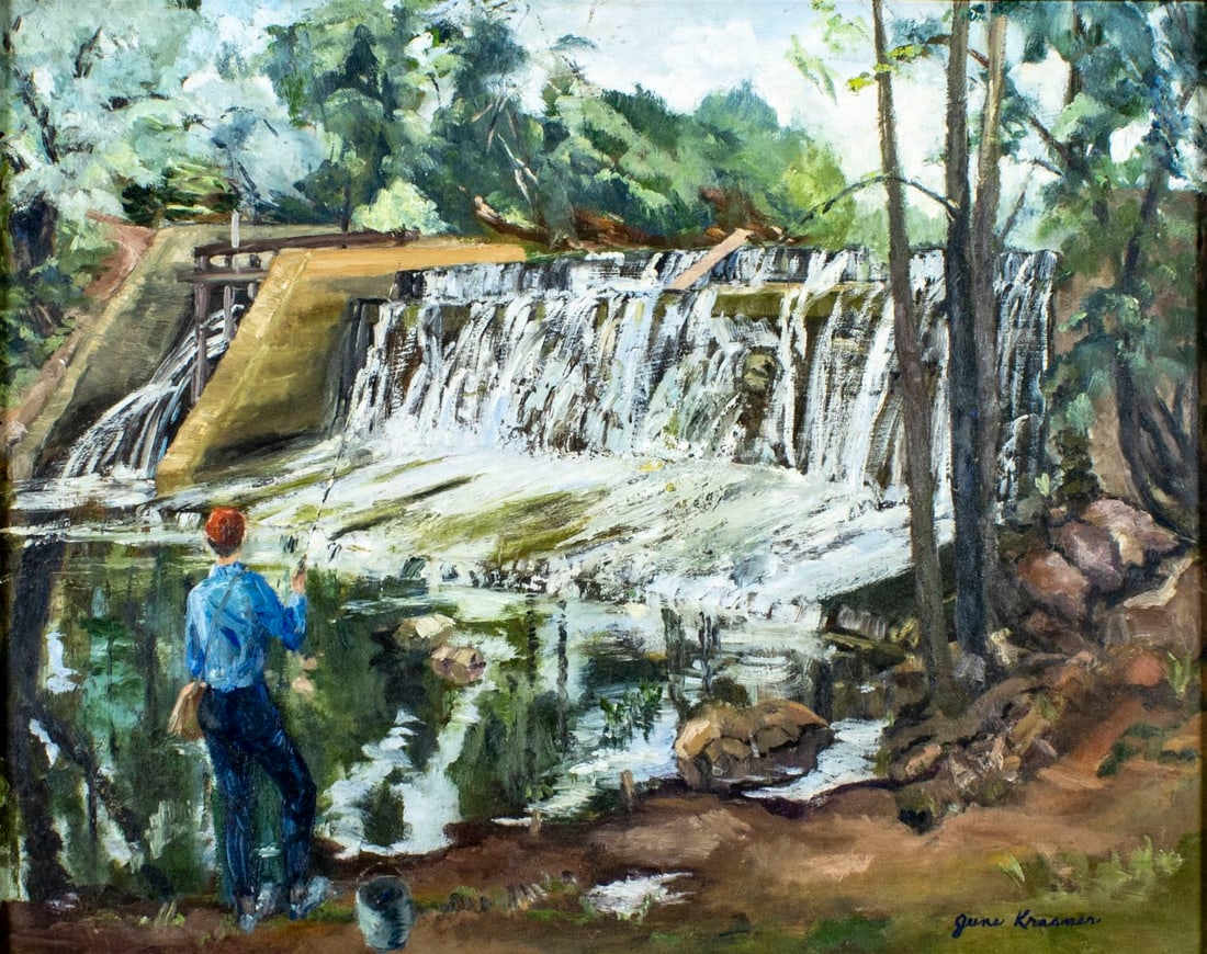 June Krasner (NJ,1905-1991) oil painting: ARTIST: June Krasner (New Jersey, 1905 - 1991) TITLE: River Landscape with Fisherman MEDIUM: oil on board CONDITION: Very good. No visible inpaint under UV light. Wear to fr