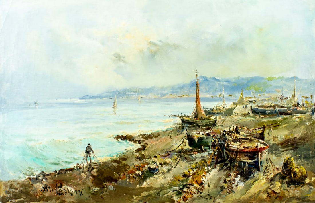 Mario Passoni (Italy,France,1929-?) oil painting: ARTIST: Mario Passoni (Italian, French, 1929 - ???) TITLE: Coastal Scene with Fishing Boats MEDIUM: oil on canvas CONDITION: Unstretched (In-House stretching available) (I
