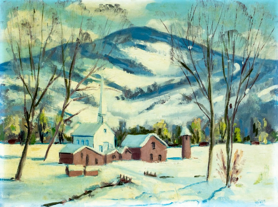 Nino (US,mid 20C) oil painting: ARTIST: Nino (American, mid 20 century) TITLE: Winter Mountain Landscape with Church MEDIUM: oil on canvas board CONDITION: Overall good. No visible inpaint under UV light.