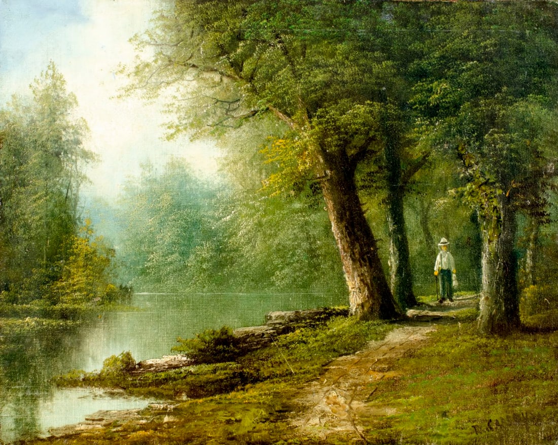T C Carrey (US,19C) oil painting antique: ARTIST: T C Carrey (American, 19 century) TITLE: Forest River Landscape MEDIUM: oil on canvas CONDITION: Relined. Few minor scratches/paint losses. Minor craquelure. Some sc