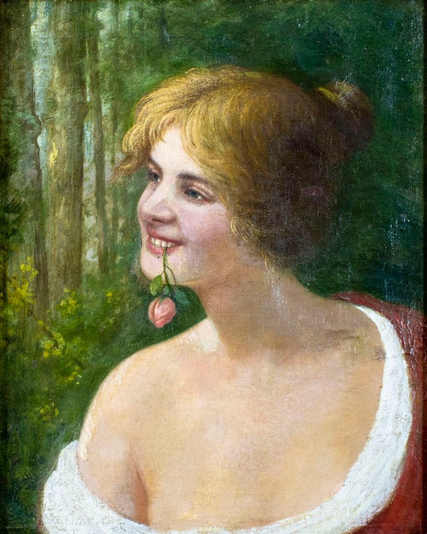 Scarselli (US,early 20C) oil painting antique: ARTIST: Scarselli (American, early 20 century) TITLE: Portrait of Woman with Flower MEDIUM: oil on canvas CONDITION: Few repaired tears. Missing a few flakes of paint. Some