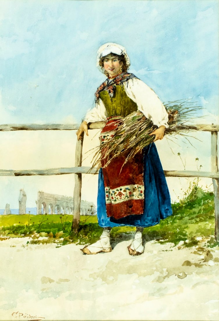Gian Carlo Polidori (Italy,1895-1962) watercolor painting antique: ARTIST: Gian Carlo Polidori (Italian, 1895 - 1962) TITLE: Italian Peasant Woman MEDIUM: watercolor on paper CONDITION: Few small paint losses mostly in the upper left quad
