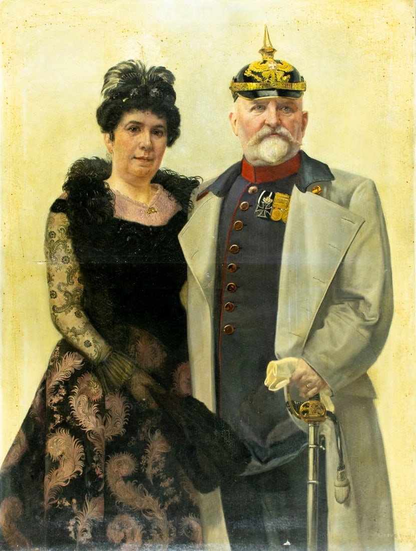 Greve Waldh (German,19/20C) oil painting antique: ARTIST: Greve Waldh (Germany, 19/20 centuries) TITLE: Couple Portrait YEAR: 1904 MEDIUM: oil on canvas CONDITION: Two punctures (by the lower edge and in