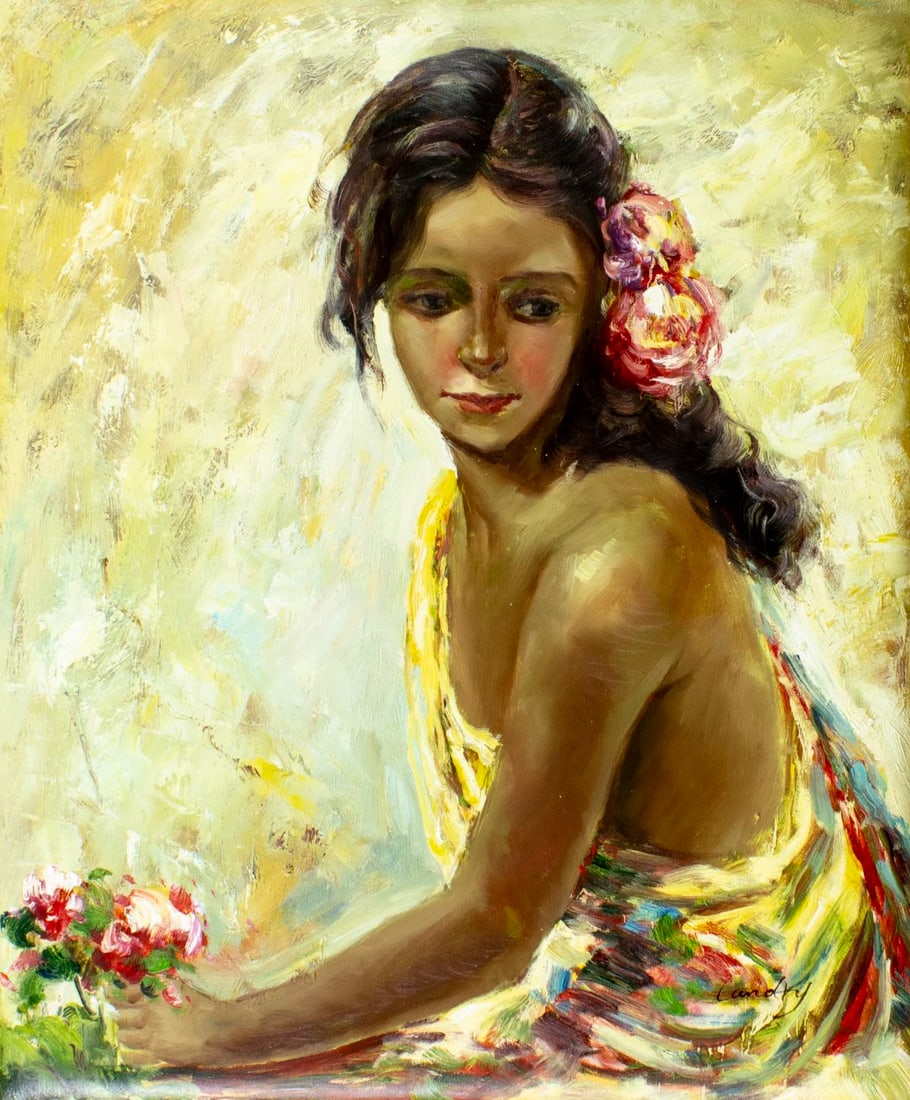 Landry (US,20C) oil painting: ARTIST: Landry (American, 20 century) TITLE: Portrait of Woman with Flowers MEDIUM: oil on canvas. Canvas applied to board. CONDITION: Overall good. No visible inpaint under