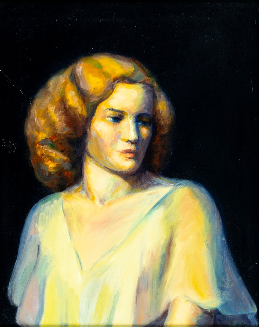 Dorothy Deyrup (NY,1908-1961) oil painting: ARTIST: Dorothy Alden Johnson Deyrup (New York, 1908 - 1961) TITLE: Portrait of Woman MEDIUM: oil on canvas CONDITION: Some scratches. Some scattered minor inpaintings/touch