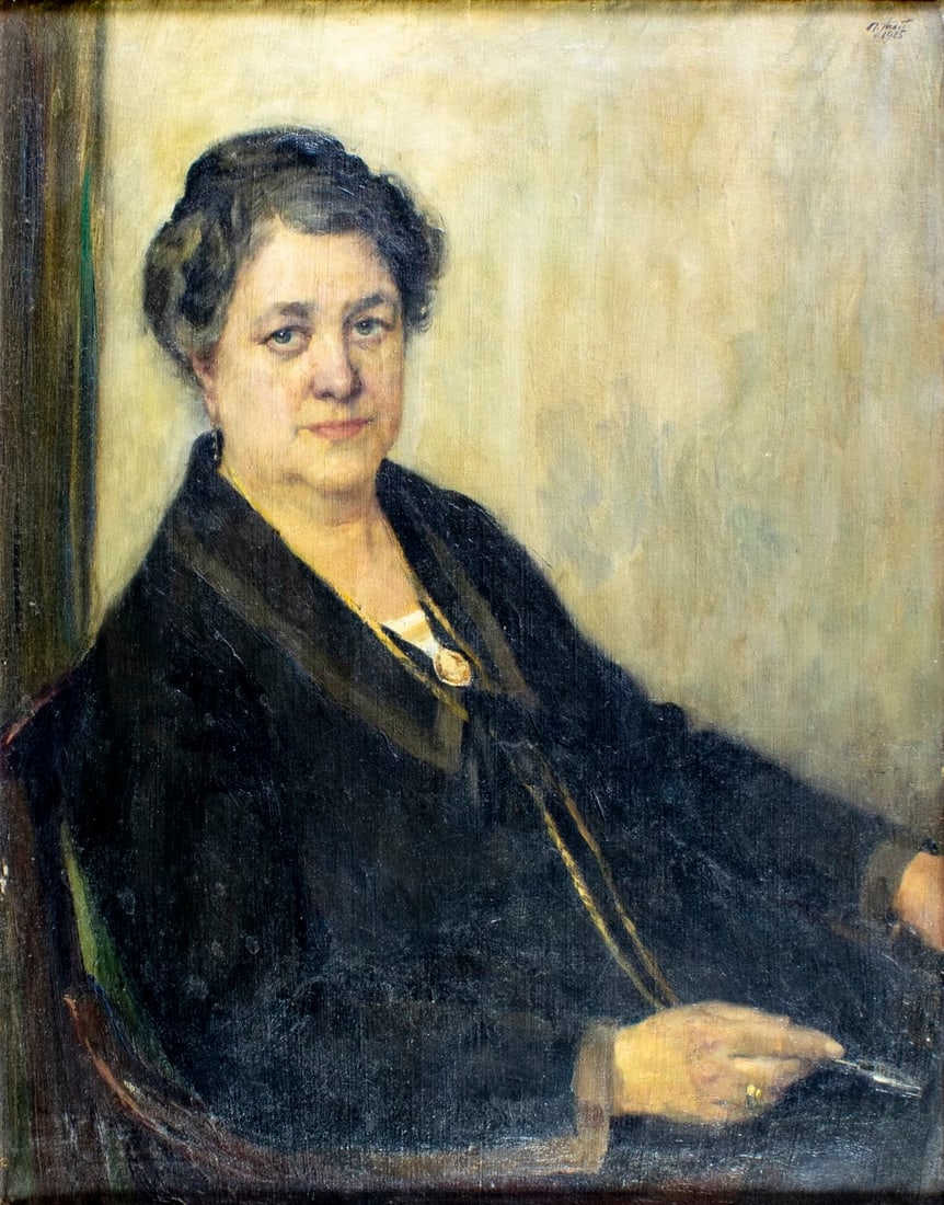 Antique early 20C German oil painting signed: ARTIST: - (Germany, early 20 century) TITLE: Portrait of Woman YEAR: 1925 MEDIUM: oil on canvas CONDITION: Some paint losses mostly along edges. Some c