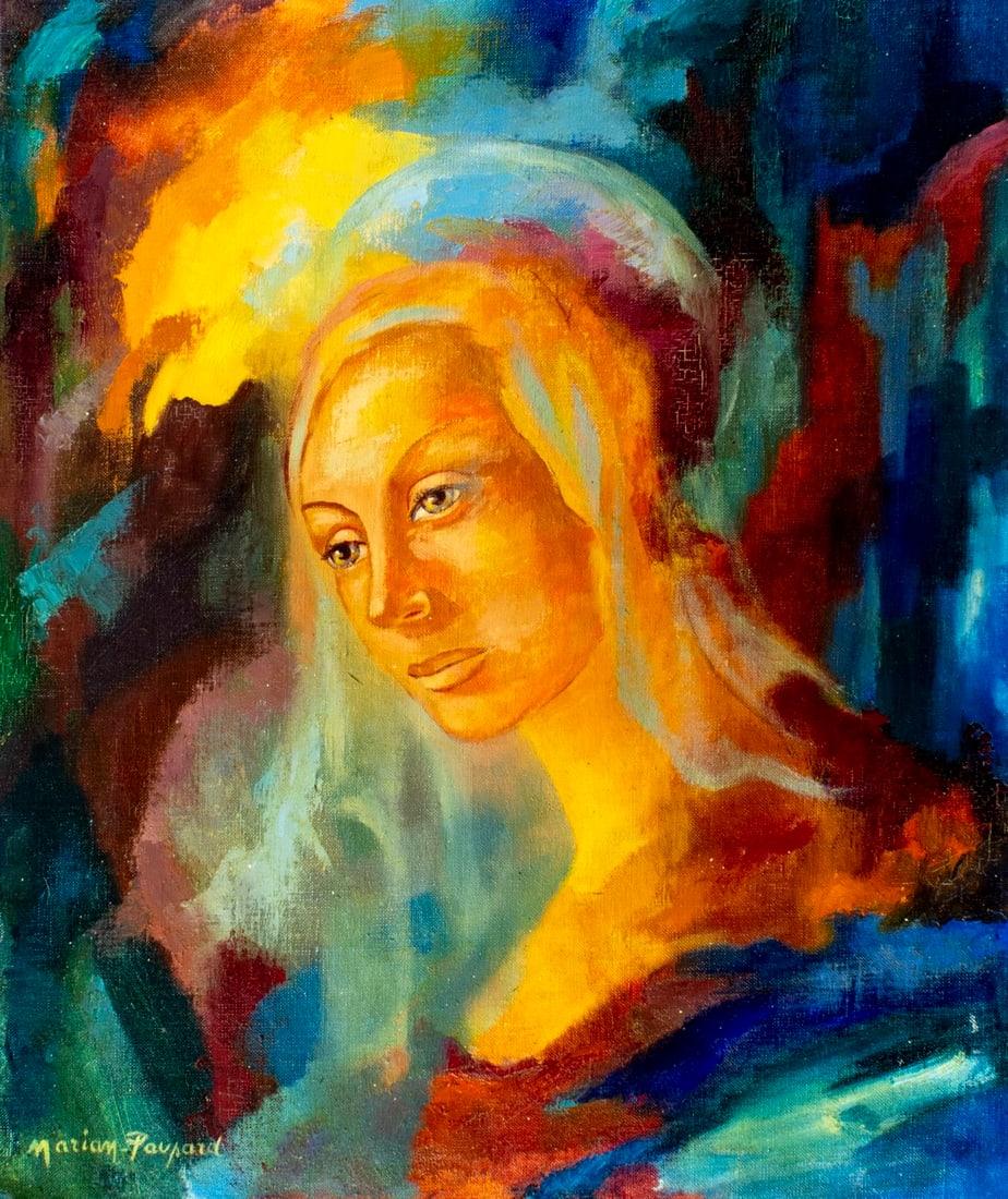 Marian Paupard (France,20C) oil painting: ARTIST: Marian Paupard (French, 20 century) TITLE: Portrait of Woman MEDIUM: oil on canvas CONDITION: Unstretched (In-House stretching available) (In-House stretching availa