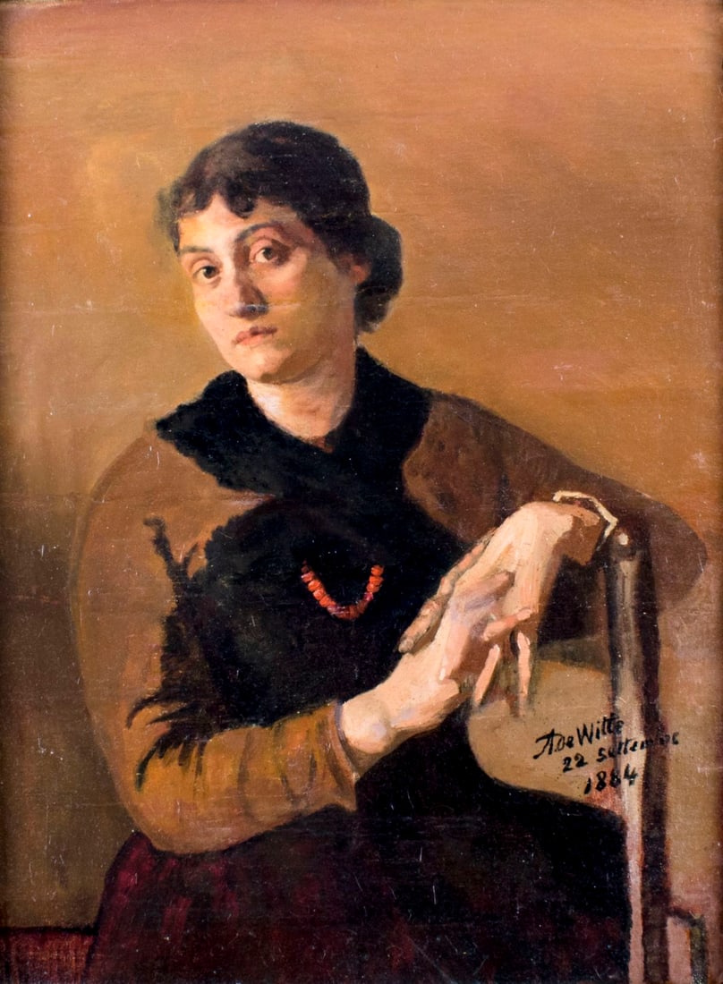Adrien Witte (Belgium,1850-1935) oil painting antique: ARTIST: Adrien De Witte (Belgian, 1850 - 1935) TITLE: Portrait of Seated Woman YEAR: 1884 MEDIUM: oil on canvas CONDITION: Three patches. Few horizonta