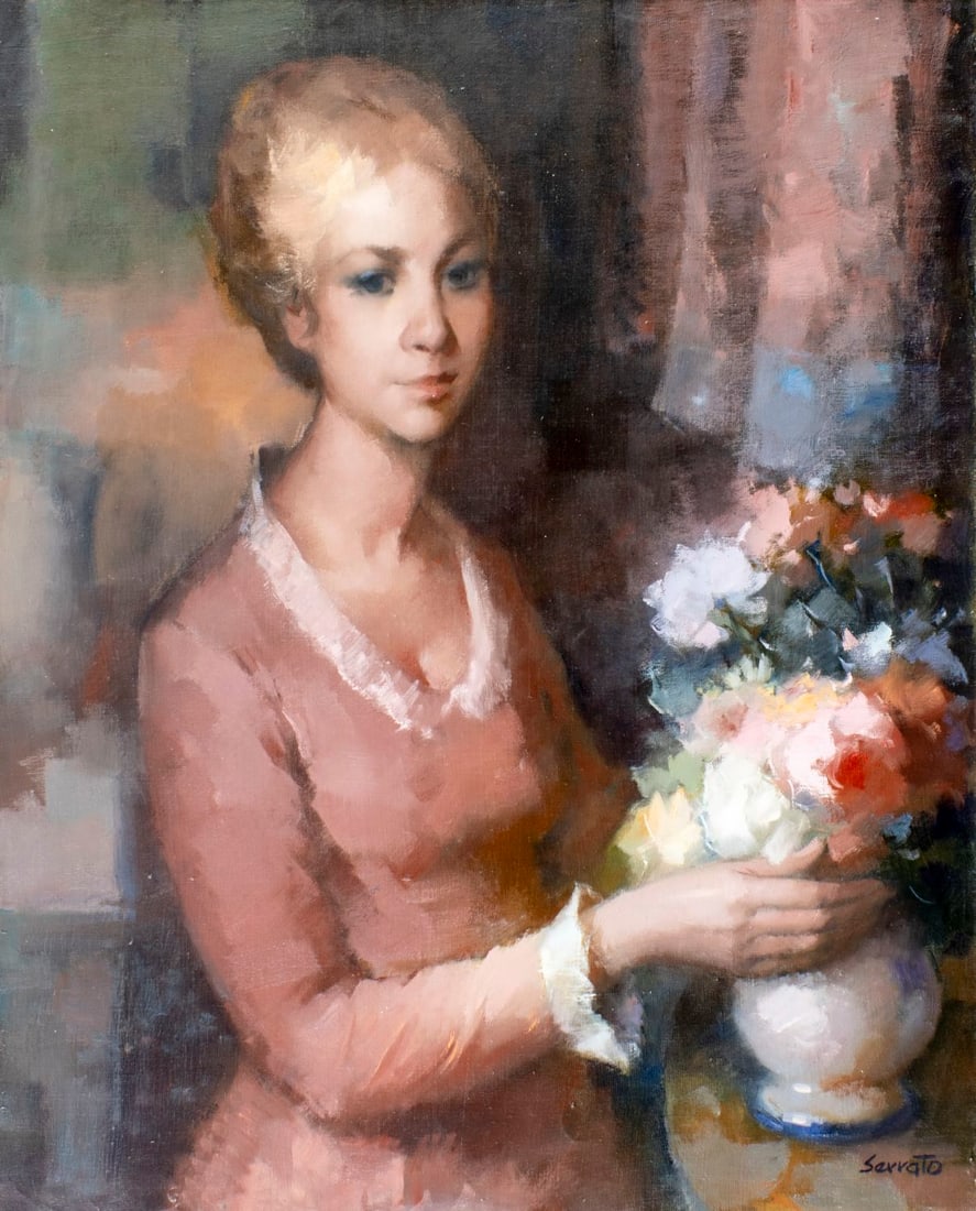 Ruggero Serrato (Italy,1898-?) oil painting: ARTIST: Ruggero Serrato (Italian, 1898 - ???) TITLE: Portrait of Woman with Roses MEDIUM: oil on canvas CONDITION: Unstretched (In-House stretching available) (In-House st