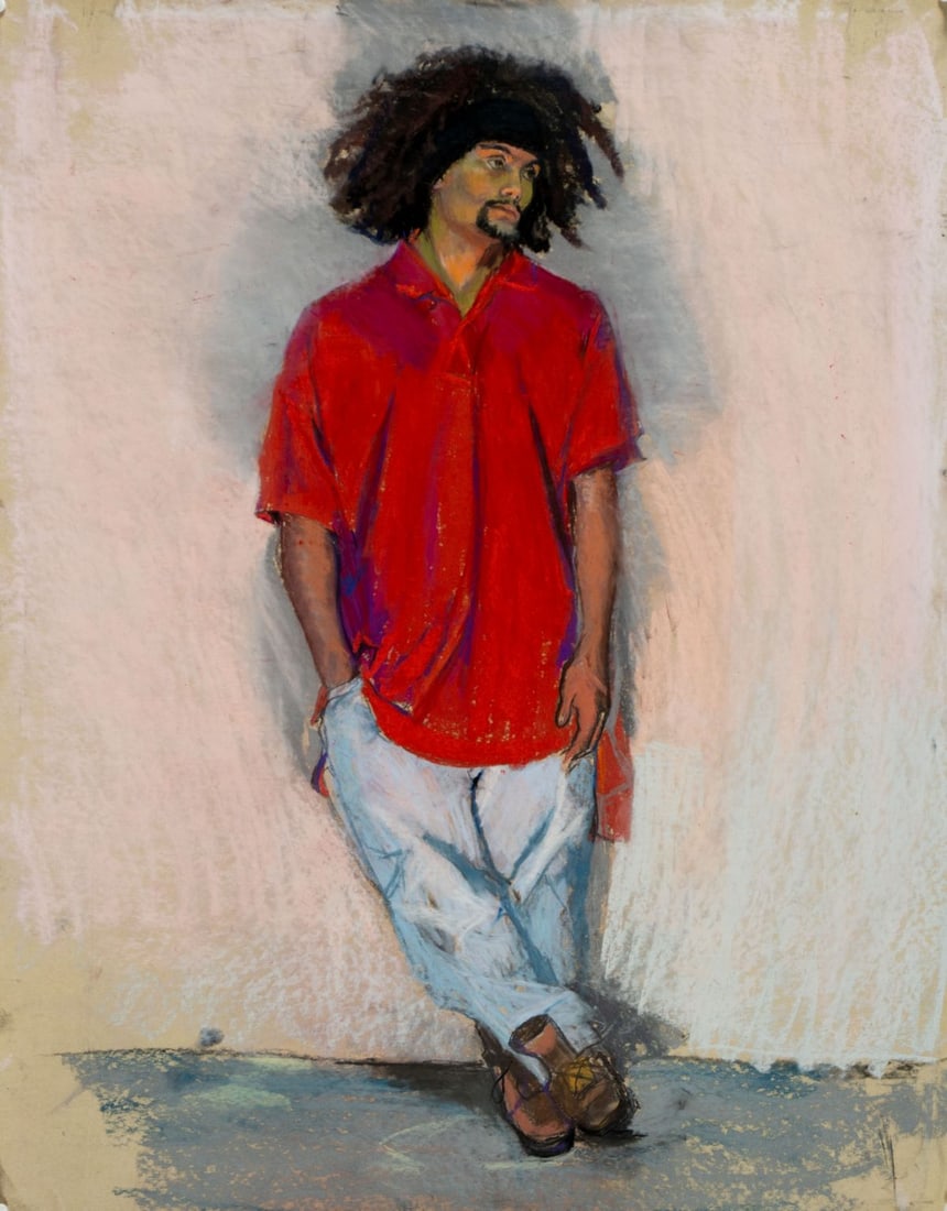 Rhoda Yanow (NJ,20C) watercolor painting: ARTIST: Rhoda Yanow (New Jersey, 20 century) TITLE: Man in Red Shirt MEDIUM: watercolor on paper CONDITION: One crease line by the lower right corner. Some small paint losse