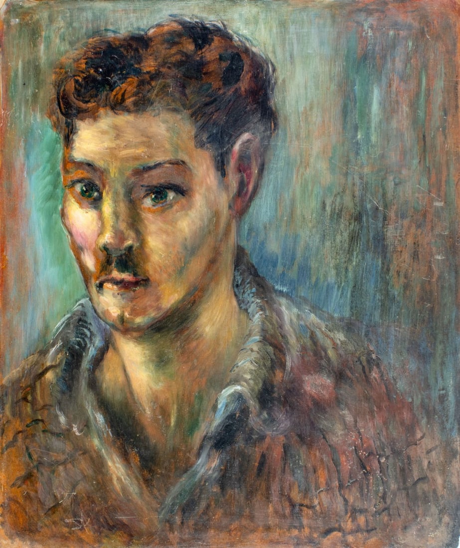 Vintage mid 20C American oil painting: ARTIST: - (American, mid 20 century) TITLE: Portrait of Man MEDIUM: oil on board CONDITION: Some damages to corners. Some small scratches/paint losses. No visible inpaint