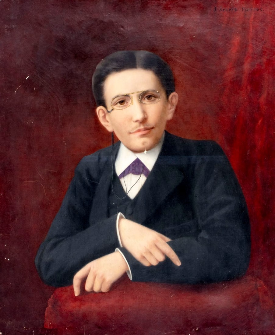 Jeanne Scapre Pierret (France,19C) oil painting antique: ARTIST: Jeanne Scapre Pierret (France, 19 century) TITLE: Portrait of Man MEDIUM: oil on canvas CONDITION: Some scratches/paint losses. Some craquelure. No visible inpaint u