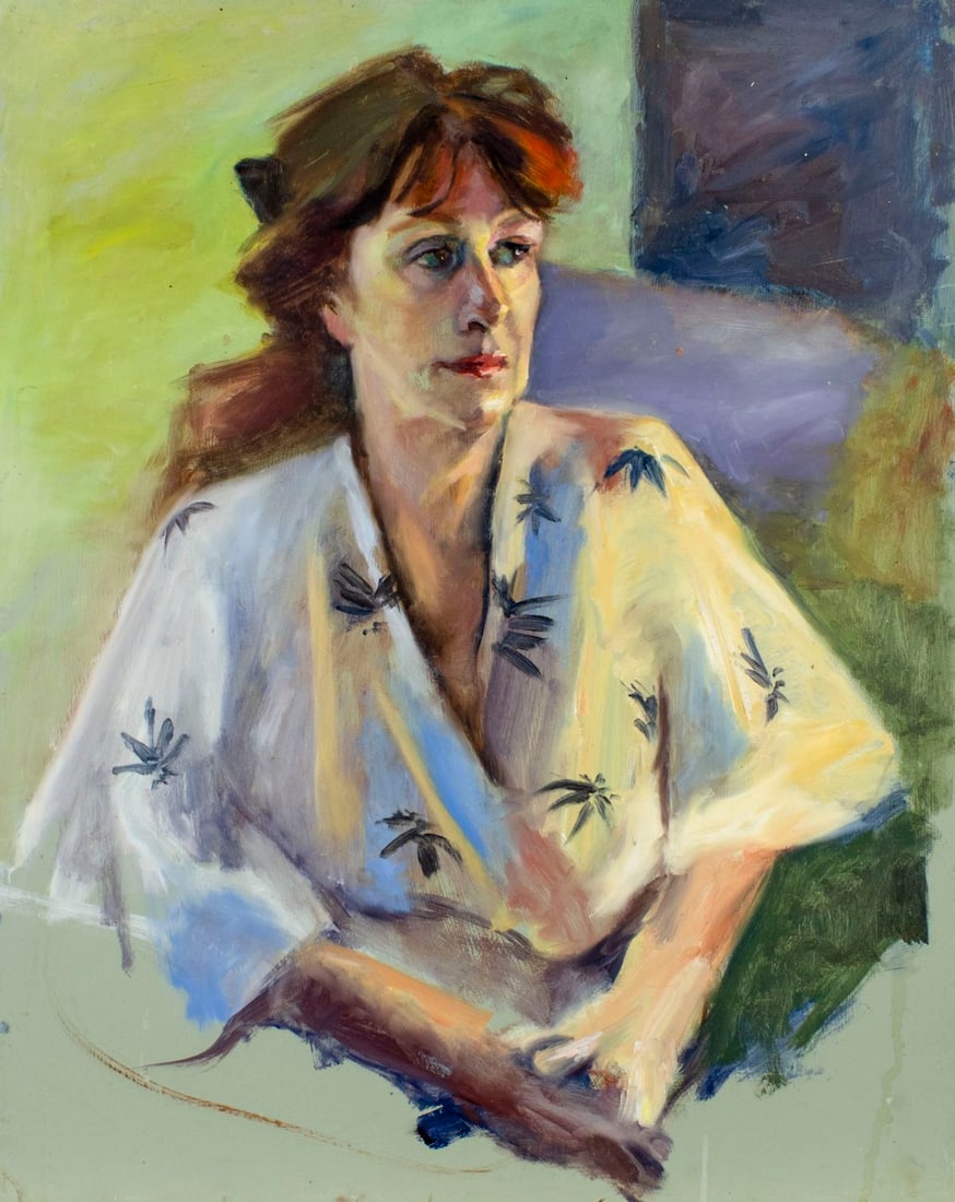 John Reilly (NY,NJ,1942-2021) oil painting: ARTIST: John Reilly (New York, New Jersey, 1942 - 2021) TITLE: Portrait of Woman MEDIUM: oil on board CONDITION: Small scratches/paint losses. No visible inpaint under UV