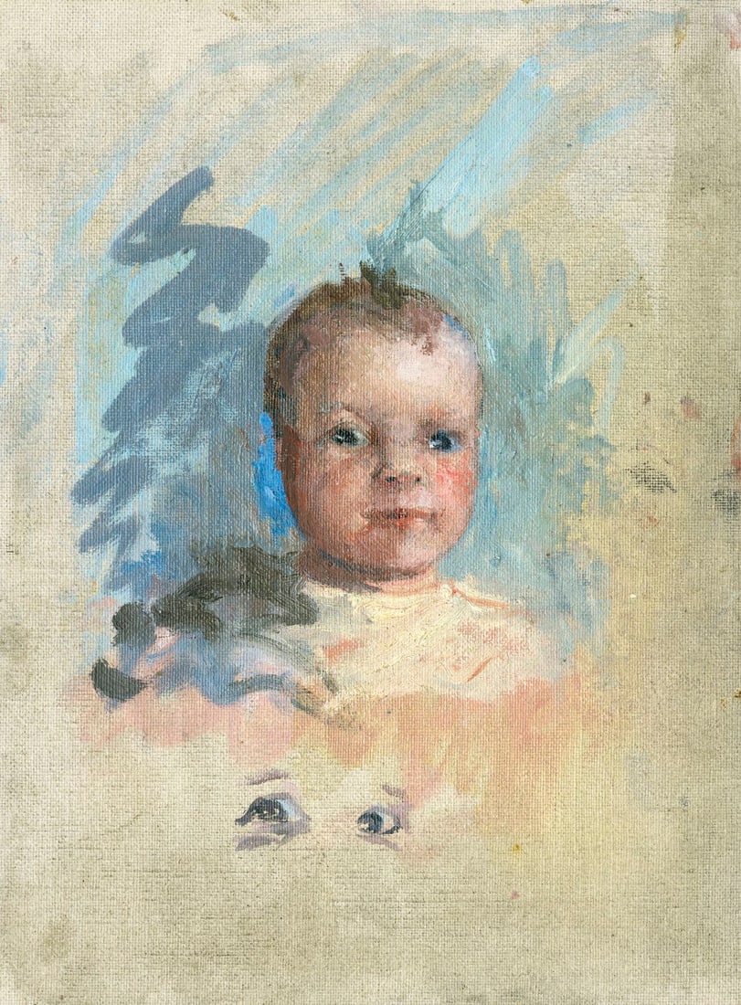 Helen DuMond (NY,CA,OR,1872-1968) oil painting: ARTIST: Helen Savier DuMond (New York, California, Oregon, 1872 - 1968) TITLE: Portrait of Child MEDIUM: oil on canvas board CONDITION: Minor scratches/paint losses. No vi