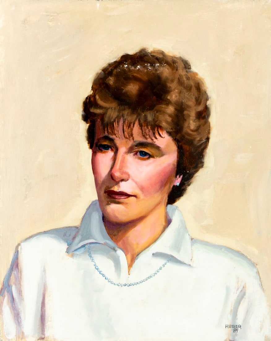 Anne Lindsey Reber (US,20C) oil painting: ARTIST: Anne Lindsey Reber (American, 20 century) TITLE: Portrait of Woman YEAR: 1989 MEDIUM: oil on board CONDITION: Some damages to corners. Some paint