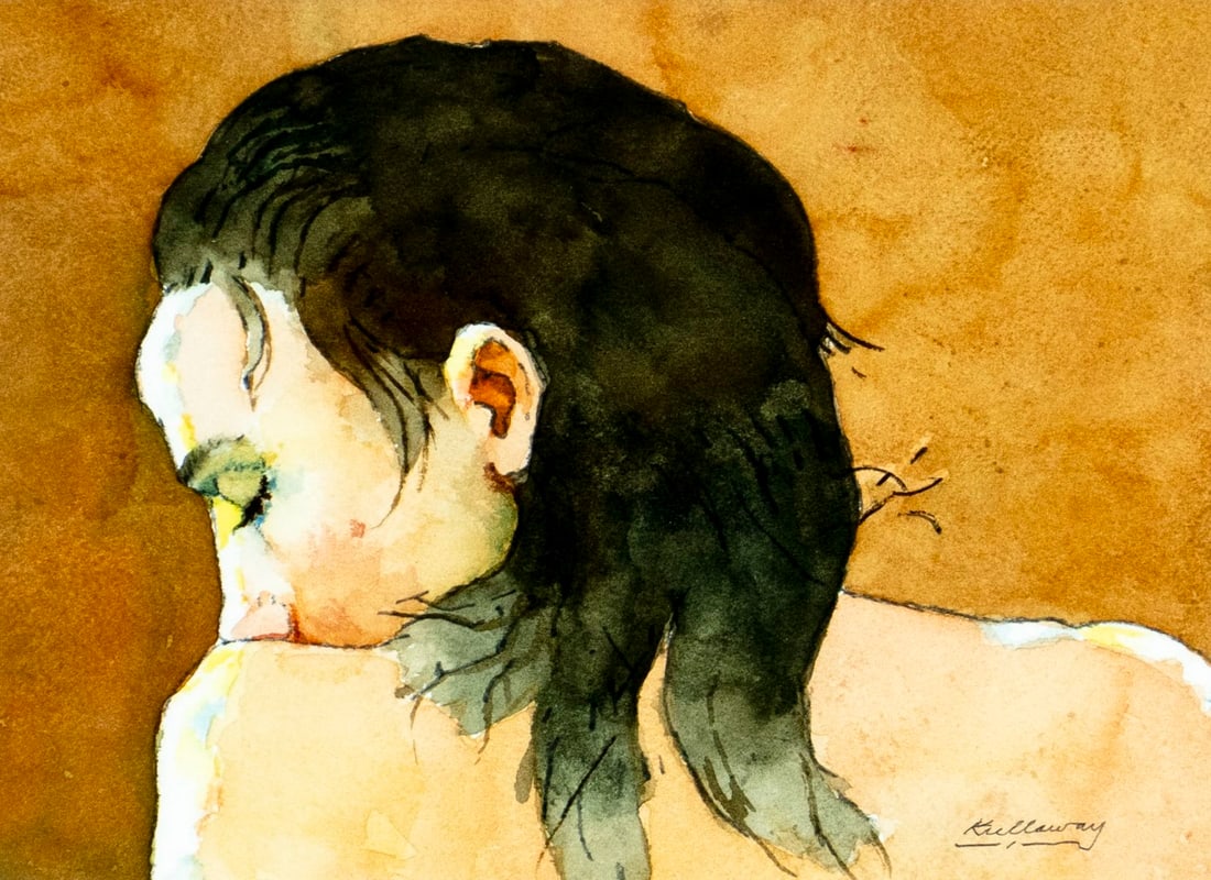 Ron Kullaway (US,1933-?) watercolor painting: ARTIST: Ron Kullaway (American, 1933 - ???) TITLE: Portrait of Woman MEDIUM: watercolor on paper CONDITION: Very good. Framed under glass. Wear to frame. ART SI