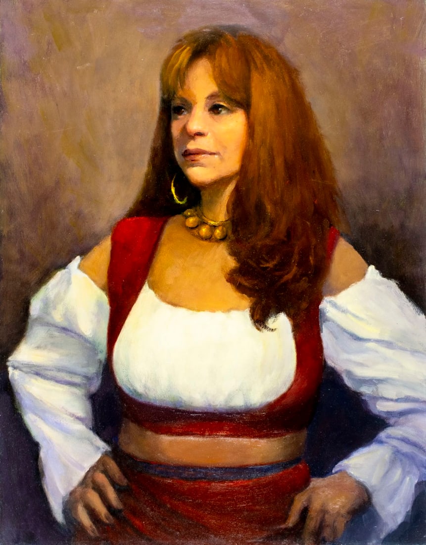 Vintage 20C American oil painting: ARTIST: - (American, 20 century) TITLE: Portrait of Woman MEDIUM: oil on canvas CONDITION: Overall good. No visible inpaint under UV light. Normal wear along edges.