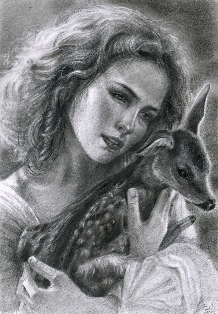 Lyudmila Siabro (Ukraine,20/21C) pastel painting: ARTIST: Lyudmila Siabro (Ukrainian, 20/21 centuries) TITLE: Portrait of Woman with Deer MEDIUM: pastel on paper CONDITION: Very good. ART SIZE: 17 x 12 i