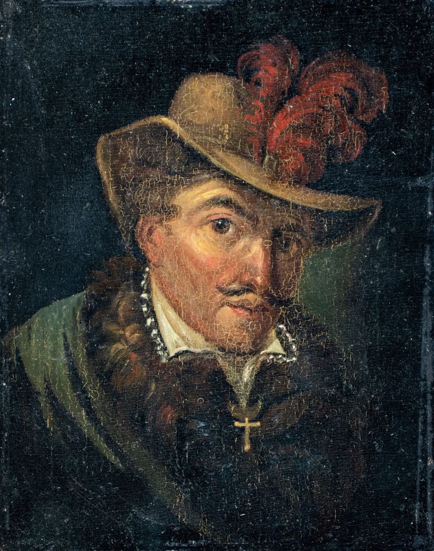 Antique 19C European oil painting: ARTIST: - (Europe, 19 century) TITLE: Portrait of Man MEDIUM: oil on board CONDITION: Some craquelure. No visible inpaint under UV light. Normal wear along edges.