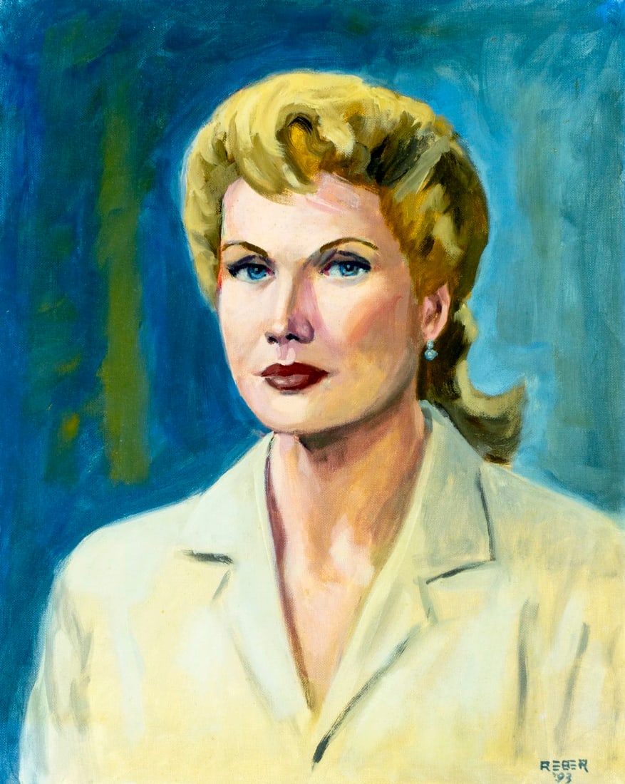 Anne Lindsey Reber (US,20C) oil painting: ARTIST: Anne Lindsey Reber (American, 20 century) TITLE: Portrait of Woman YEAR: 1993 MEDIUM: oil on canvas board CONDITION: Very good. No visible inpain