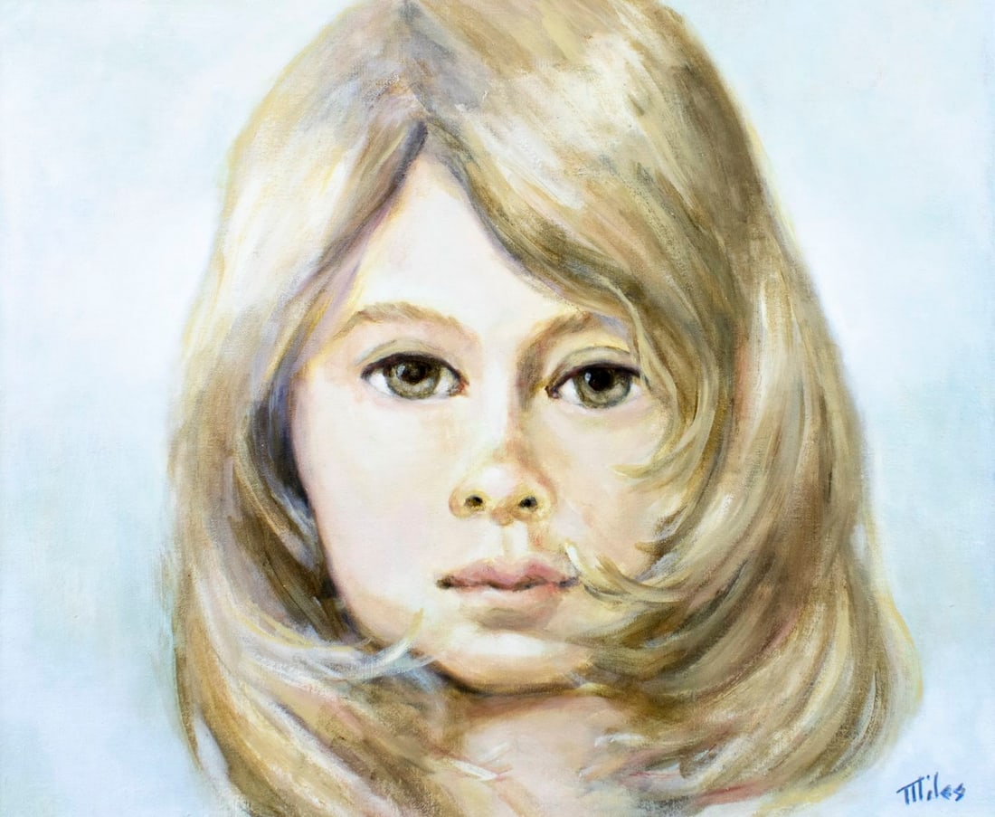 Matthew Miles (NY,1924-?) oil painting: ARTIST: Matthew Albert Miles (New York, 1924 - ???) TITLE: Portrait of Girl MEDIUM: oil on canvas CONDITION: Unstretched (In-House stretching available) (In-House stretchi