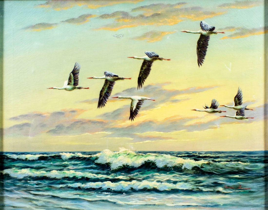 James Pearson (US,mid 20C) oil painting: ARTIST: James Pearson (American, mid 20 century) TITLE: Sunset Seascape with Flying Birds MEDIUM: oil on canvas CONDITION: Two patches. Some scratches/paint losses (see pict