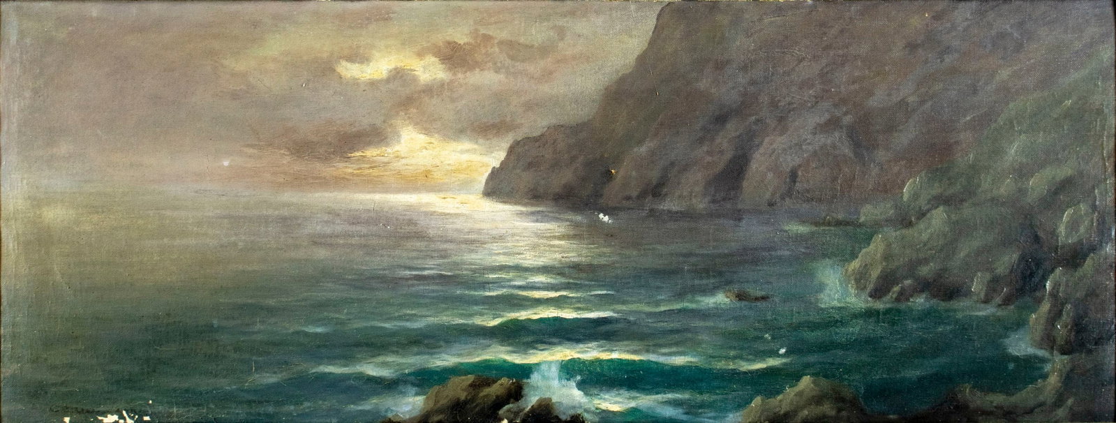 Arturo Cerio (Italy,1868-1931) oil painting antique: ARTIST: Arturo Cerio (Italian, 1868 - 1931) TITLE: Sunset Seascape, Capri, Italy MEDIUM: oil on canvas CONDITION: One small patch. Some paint losses mostly along the lower