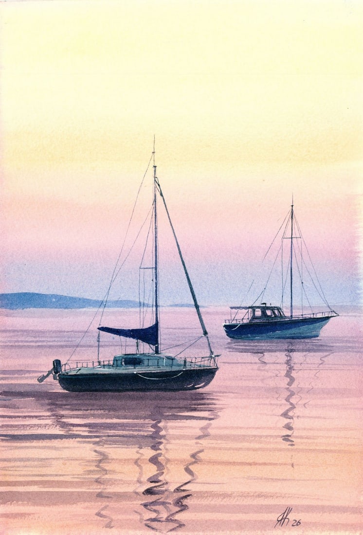 Yana Karpenko (Ukraine,20/21C) watercolor painting: ARTIST: Yana Karpenko (Ukrainian, 20/21 centuries) TITLE: Sunset Seascape with Boats MEDIUM: watercolor on heavy paper CONDITION: Very good. ART SIZE: 13