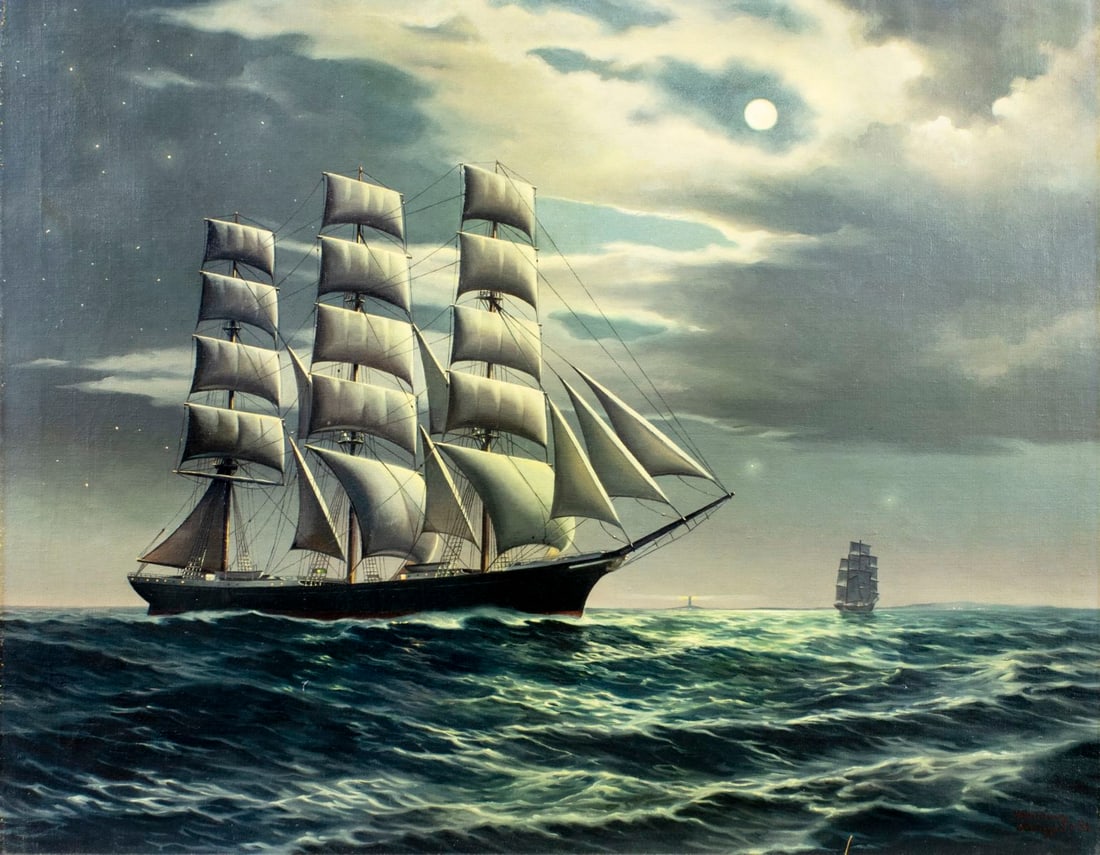 Henning Hansen (Danish,mid 20C) oil painting: ARTIST: Henning Hansen (Denmark, mid 20 century) TITLE: Moonlit Seascape With Clipper Ship MEDIUM: oil on canvas CONDITION: Few minor paint losses. Minor craquelure. No visi