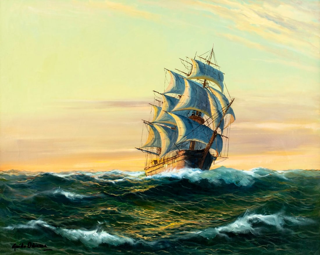 Guido Odierna (Italy,1913-1991) oil painting: ARTIST: Guido Odierna (Italian, 1913 - 1991) TITLE: Sunset Seascape with Sail Ship MEDIUM: oil on canvas CONDITION: Unstretched (In-House stretching available) (In-House s