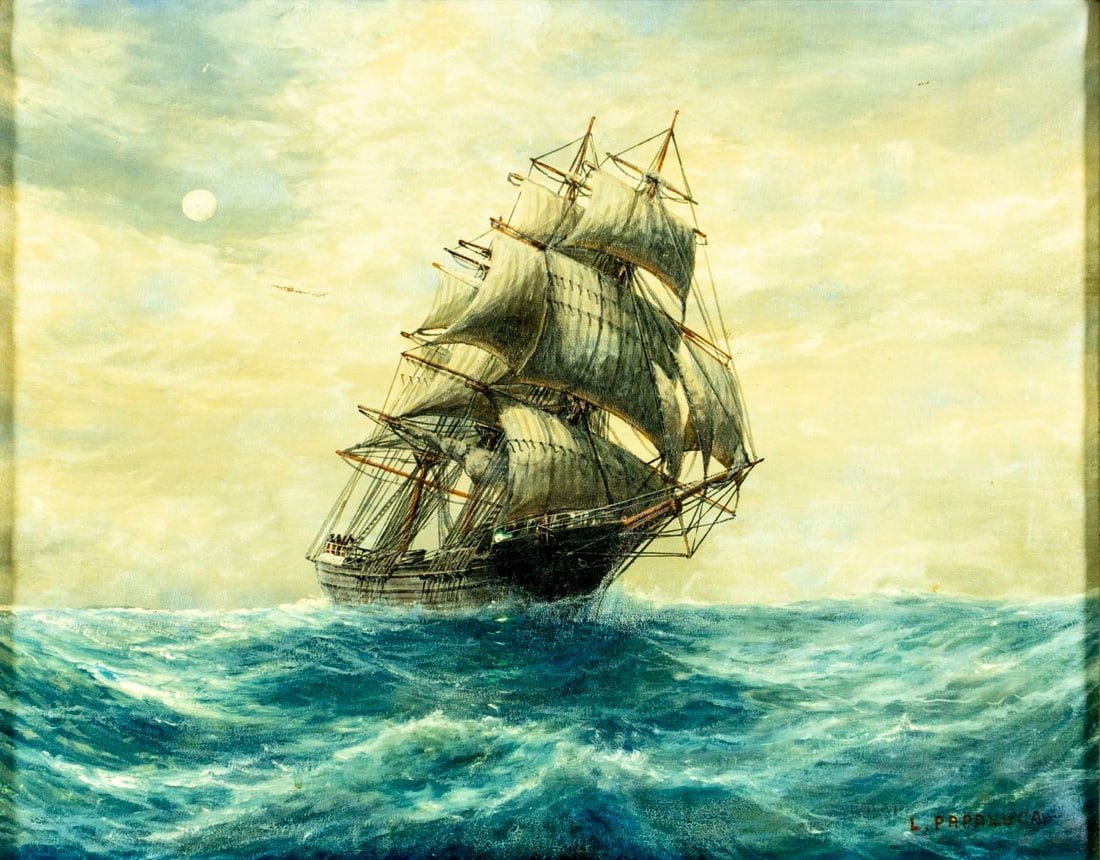 Luca Papaluca Sr (Italian,1890-1934) oil painting antique: ARTIST: Luca Papaluca Sr (Italian, 1890 - 1934) TITLE: Seascape with Sail Ship MEDIUM: oil on canvas CONDITION: One patch. Some scratches/paint losses mostly in the upper le