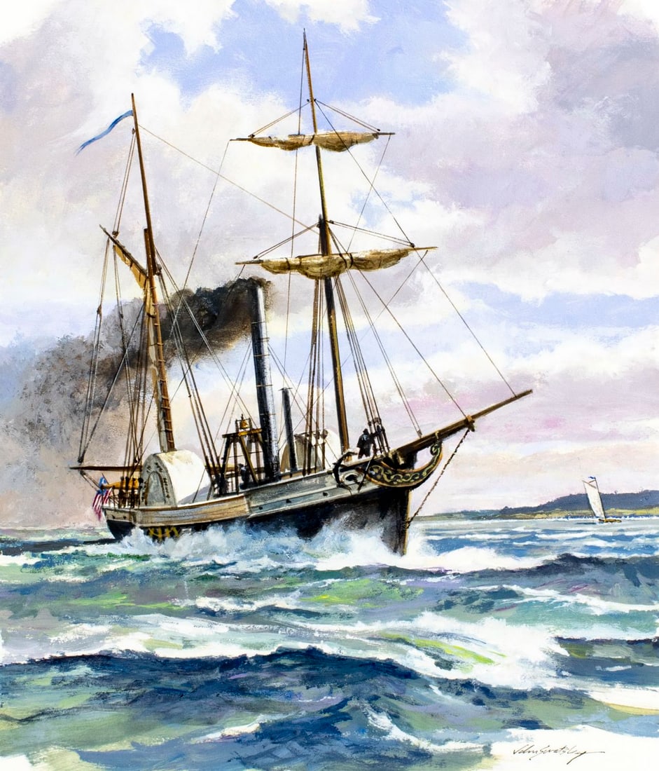 John Swatsley (CA,1937-?) gouache painting: ARTIST: John Swatsley (California, 1937 - ???) TITLE: Steamboat Walk in the Water, 1818 (titled on verso) YEAR: 1989 MEDIUM: gouache on board CONDITION: