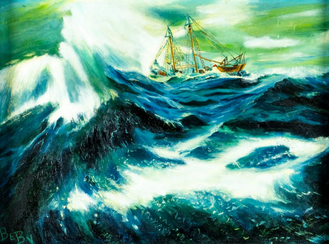 Vintage 20C American oil painting signed BeBy: ARTIST: - (American, 20 century) TITLE: Stormy Seascape with Ship MEDIUM: oil on canvas CONDITION: Few small faint scratches. No visible inpaint under UV light. Wear to fr