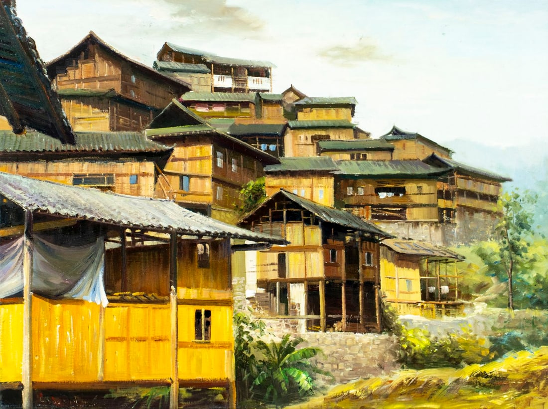 Vintage 20C Chinese oil painting: ARTIST: - (China, 20 century) TITLE: Leishan Town Scene, China MEDIUM: oil on canvas CONDITION: Some small paint losses. Very minor craquelure. No visible inpaint under UV