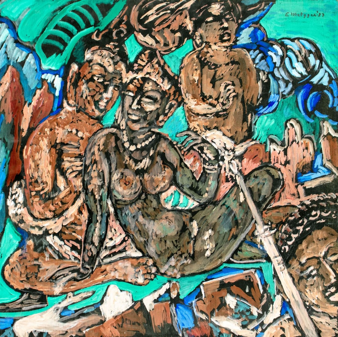 Evelyn Metzger (NY,Brazil,1911-2007) oil painting: ARTIST: Evelyn Borchard Metzger (New York, Brazilian, 1911 - 2007) TITLE: Asian Mythological Scene YEAR: 1997 MEDIUM: oil on board CONDITION: Few minor