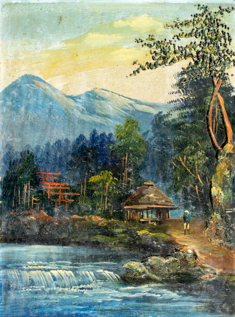 Vintage mid 20C Japanese oil painting: ARTIST: - (Japan, mid 20 century) TITLE: Japanese Mountain Landscape MEDIUM: oil on board CONDITION: Minor damages to corners. Minor scratches/paint losses. No visible inpai