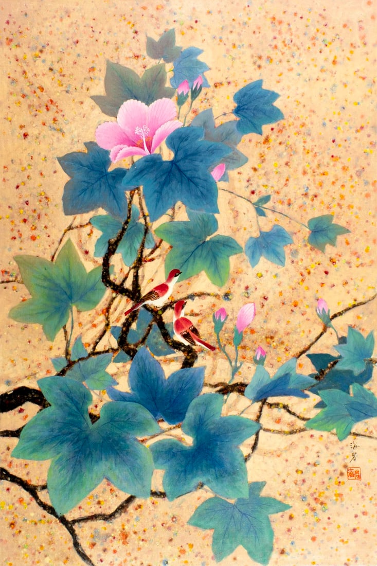 Jan Ho Nam (Vietnam,1930-?) oil painting: ARTIST: Ho (Chinese, 20 century) TITLE: Two Birds on the Branch MEDIUM: oil on canvas CONDITION: Unstretched (In-House stretching available) (In-House stretching available).