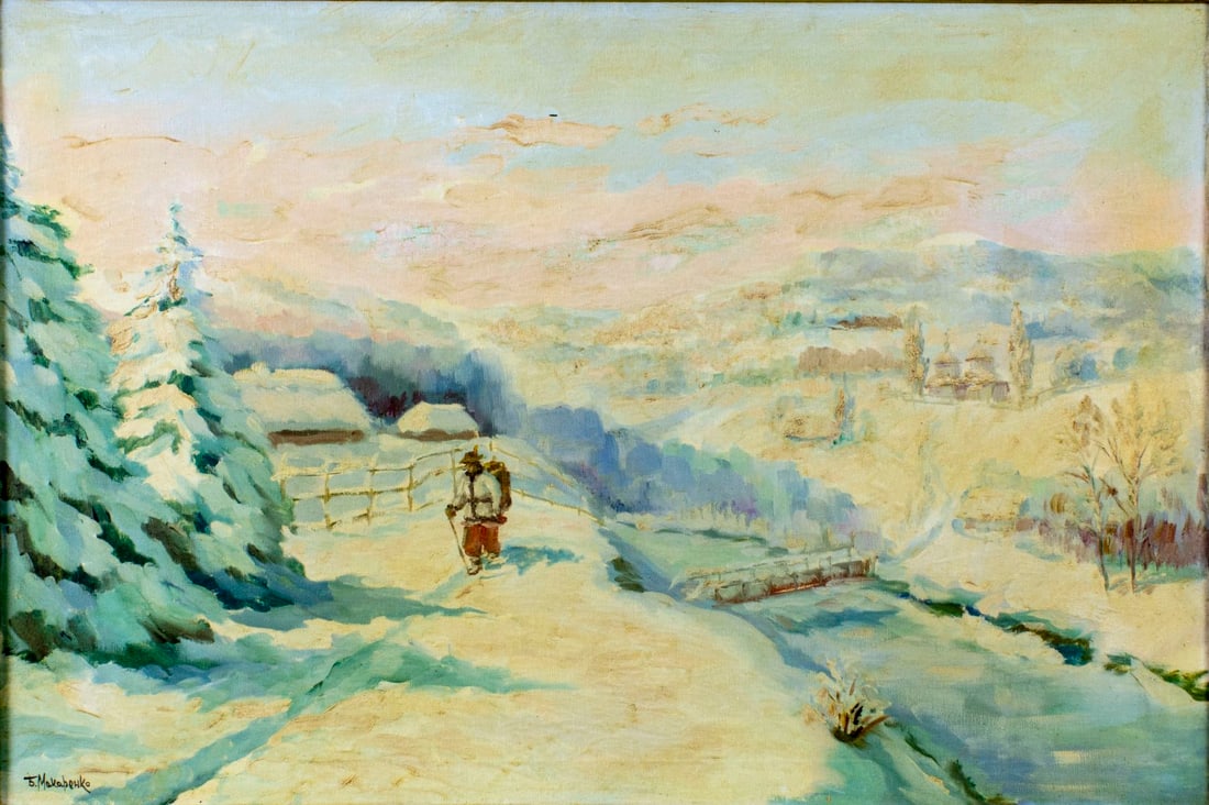 B Makarenko (Russia,mid 20C) oil painting: ARTIST: B Makarenko (Russian, mid 20 century) TITLE: Winter Village Landscape with Traveler MEDIUM: oil on canvas CONDITION: Missing a few flakes of paint. Some craquelure.