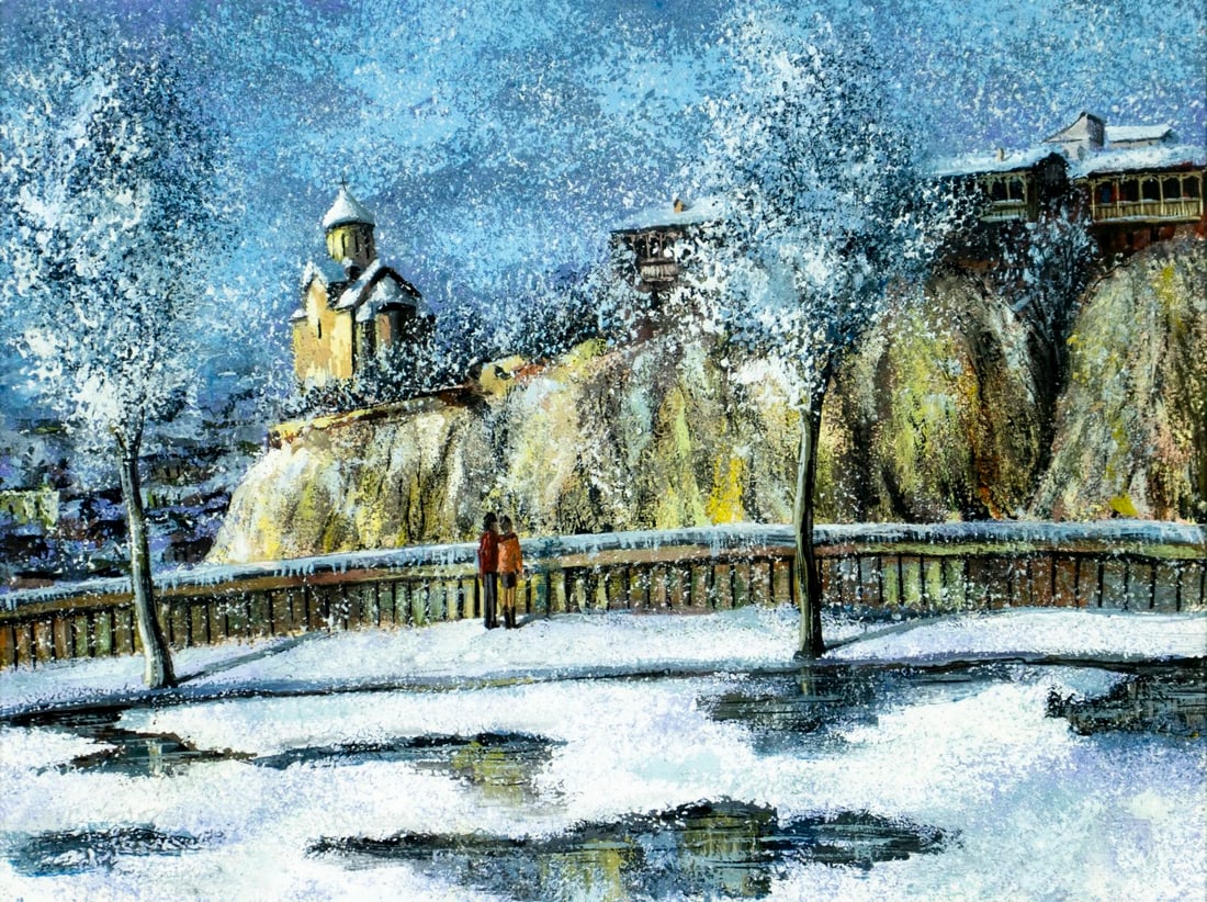 Vintage 20C Georgian Tbilisi gouache painting: ARTIST: - (Tbilisi, Georgia, 20 century) TITLE: Winter Mountain Town Scene MEDIUM: gouache on paper CONDITION: Overall good. Framed under glass. Wear to frame.