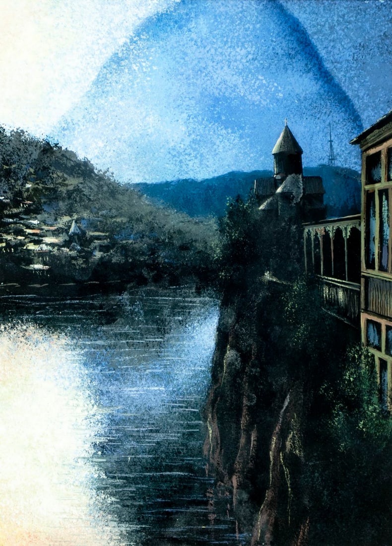 Vintage 20C Georgian Tbilisi gouache painting: ARTIST: - (Tbilisi, Georgia, 20 century) TITLE: Village River Landscape MEDIUM: gouache on paper CONDITION: Minor age toning. Framed under glass. Wear to frame.