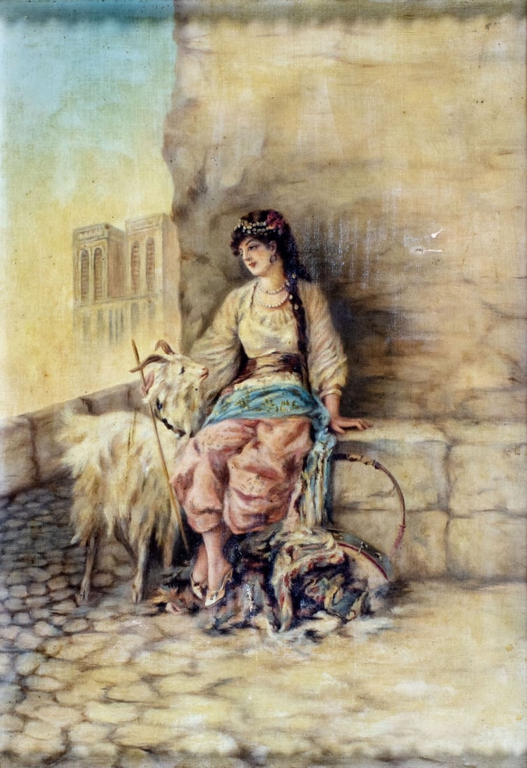 Antique early 20C American oil painting: ARTIST: - (American, early 20 century) TITLE: Oriental Woman with Goat MEDIUM: oil on canvas CONDITION: Two small patches. Some small scratches/paint losses. No visible in