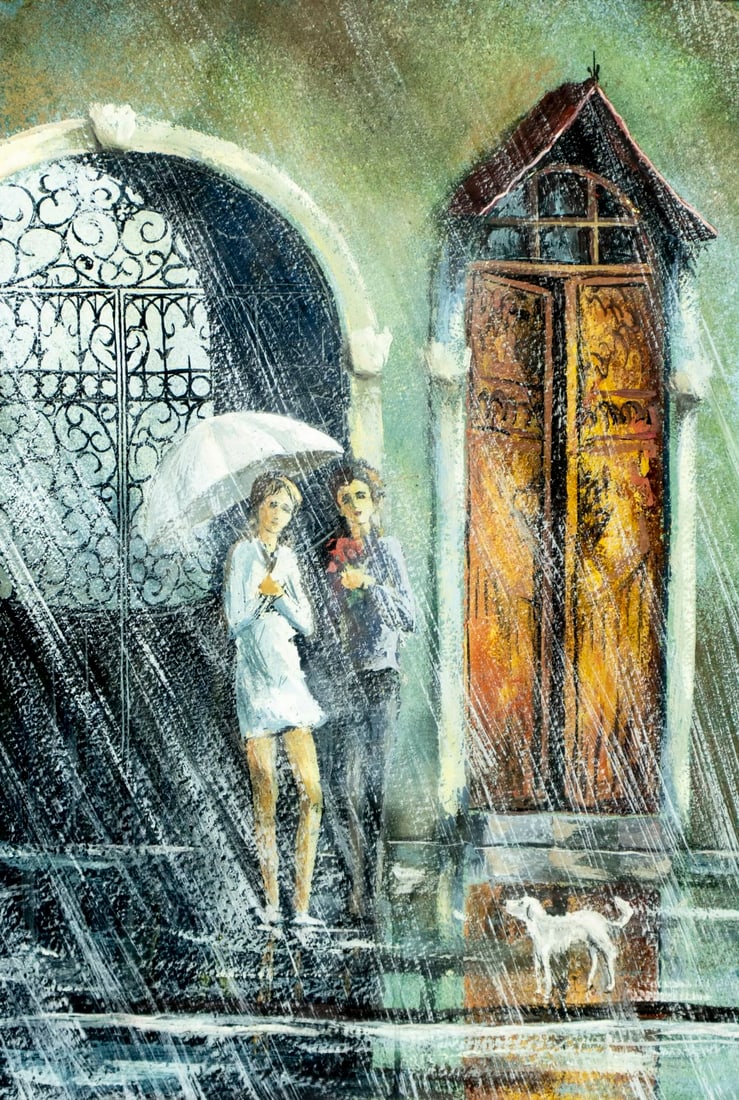 Vintage 20C Georgian Tbilisi gouache painting: ARTIST: - (Tbilisi, Georgia, 20 century) TITLE: Street Scene with Couple and Dog MEDIUM: gouache on paper CONDITION: Overall good. Wear to frame. ART SIZE: