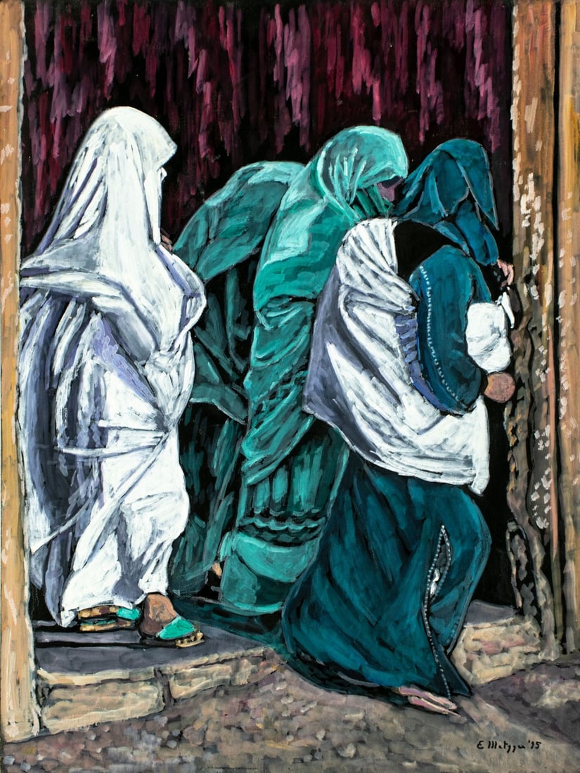 Evelyn Metzger (NY,Brazil,1911-2007) oil painting: ARTIST: Evelyn Borchard Metzger (New York, Brazilian, 1911 - 2007) TITLE: Moroccan Women (titled on verso) YEAR: 1995 MEDIUM: oil on board CONDITION: M