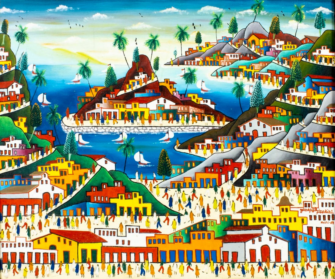 Josapha Tissaint (Haiti,20C) oil painting: ARTIST: Josapha Tissaint (Haitian, 20 century) TITLE: Haitian Village Landscape YEAR: 1980s MEDIUM: oil on canvas CONDITION: Few minor scratches/paint lo