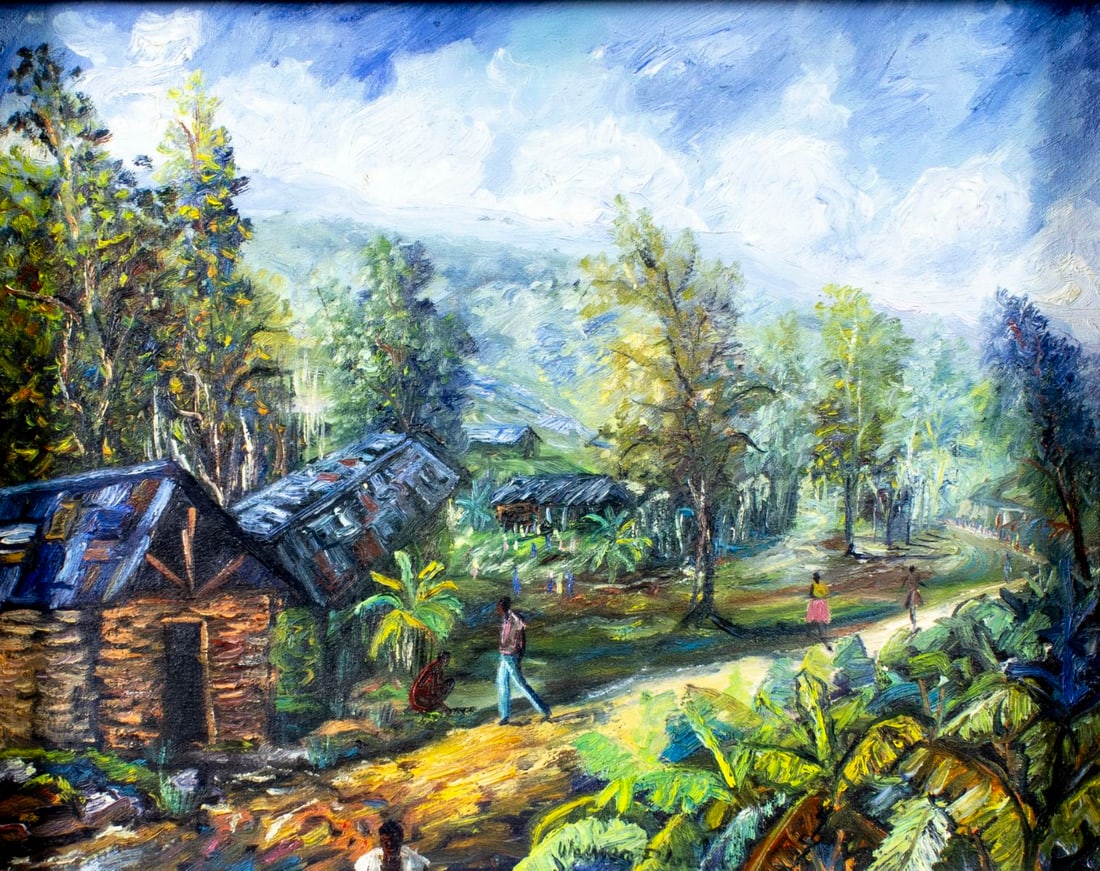 Wesner Pierre Louis (Haiti,b 1948) oil painting: ARTIST: Wesner Pierre Louis (Haitian, born 1948) TITLE: Haitian Village Landscape MEDIUM: oil on canvas CONDITION: Missing a few flakes of paint. Very minor craquelure. No v