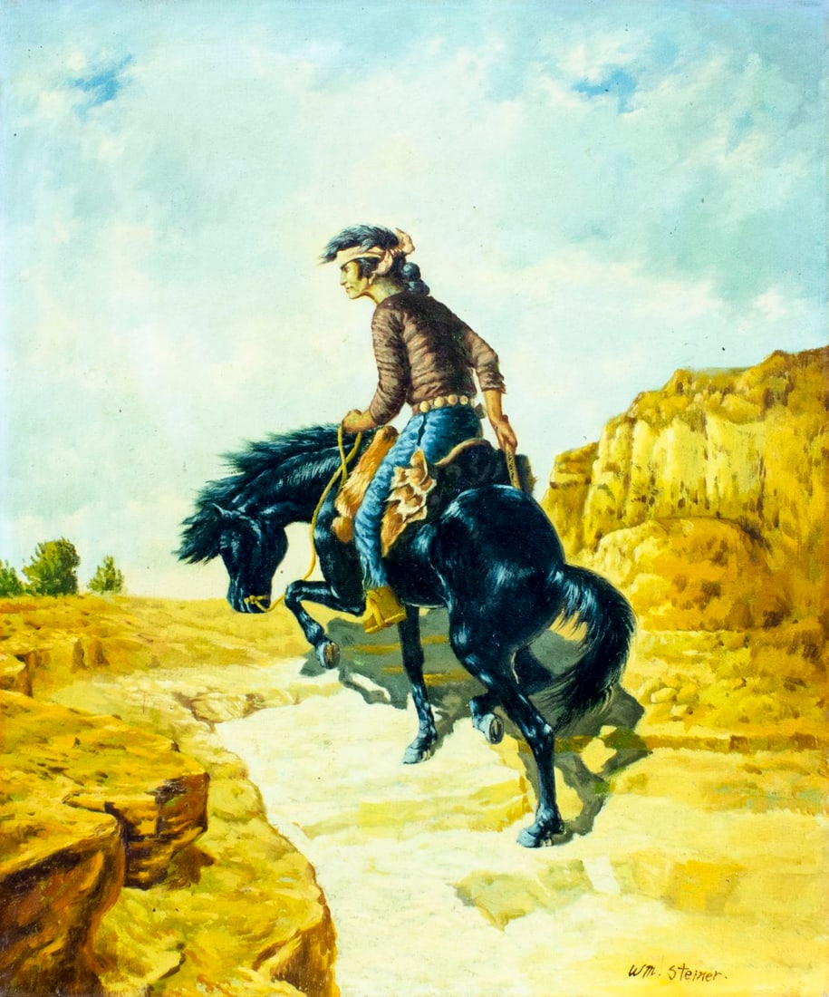 William Steiner (US,20C) oil painting: ARTIST: William Steiner (American, 20 century) TITLE: Indian Man on Horse MEDIUM: oil on canvas CONDITION: One nail hole to leftt edge. Very minor craquelure. No visible inp