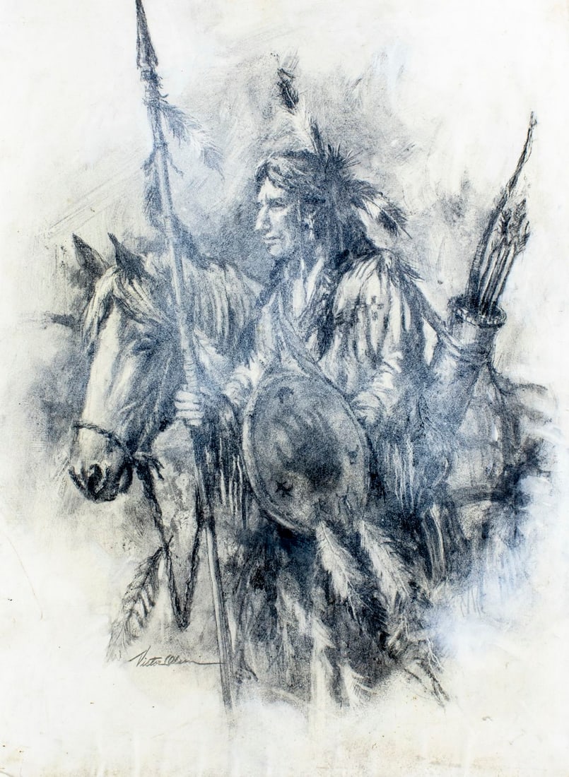 Victor Olson (CT,1924-2007) charcoal painting: ARTIST: Victor Olson (Connecticut, 1924 - 2007) TITLE: Indian Man with Horse MEDIUM: charcoal on board CONDITION: Some damages to edges and corners. Few small scratches.