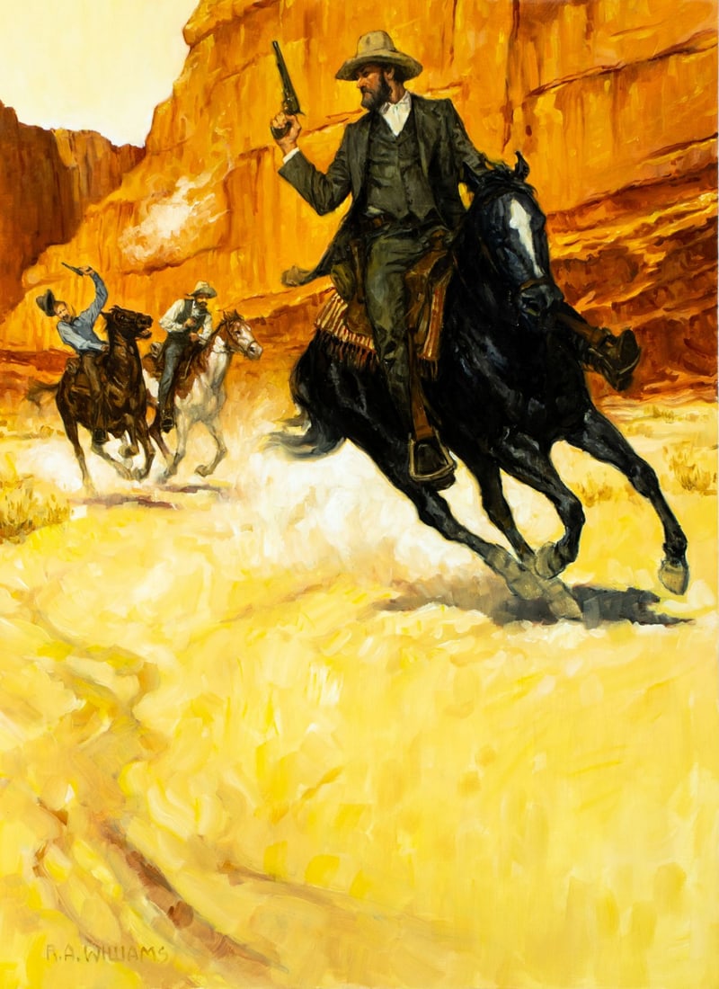 R A Williams (US,20C) oil painting: ARTIST: R A Williams (American, 20 century) TITLE: Western Scene MEDIUM: oil on board CONDITION: Minor damage to the lower left corner. Missing a few flakes of paint. No vis